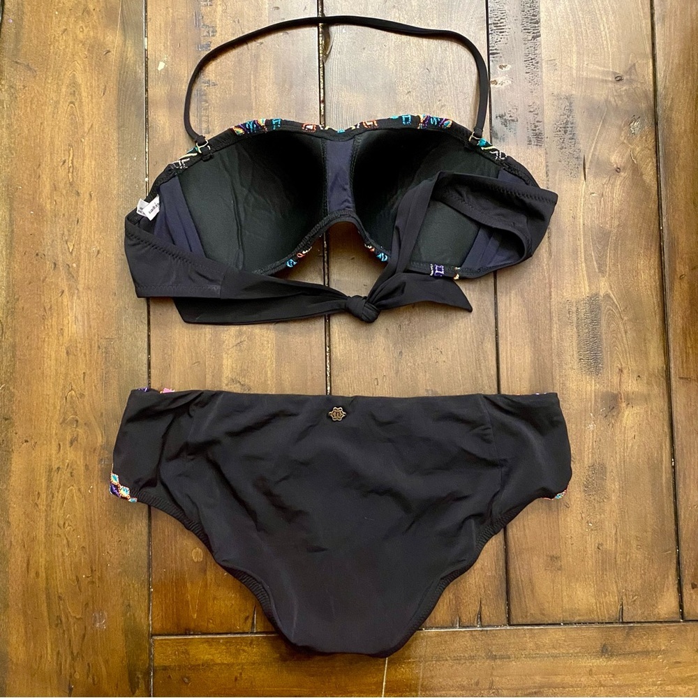 Black Multicolor Embroidered Geometric Women's Bikini Set Medium halter strap - Picture 2 of 4